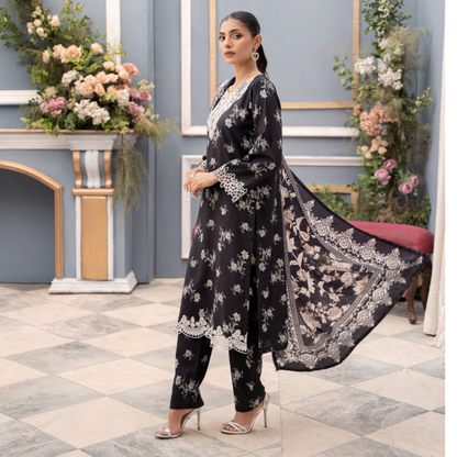 (Black) Embroidered Printed Dhanak Dress with Dhanak Shawl | Winter Collection | Raniya.h