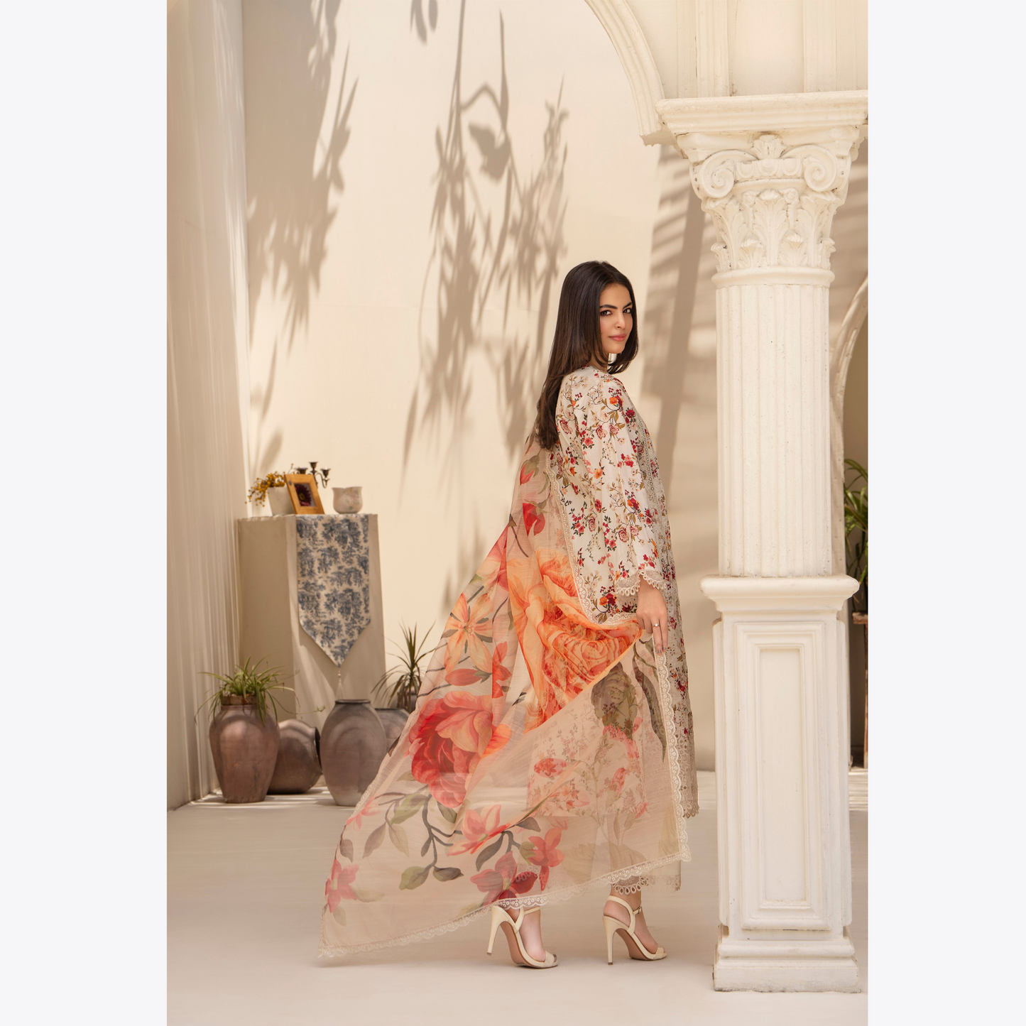 Multi floral Print Cotrai dhanak with pasmina wool shawl 3 Pc - Karma Collection | UMKC0601
