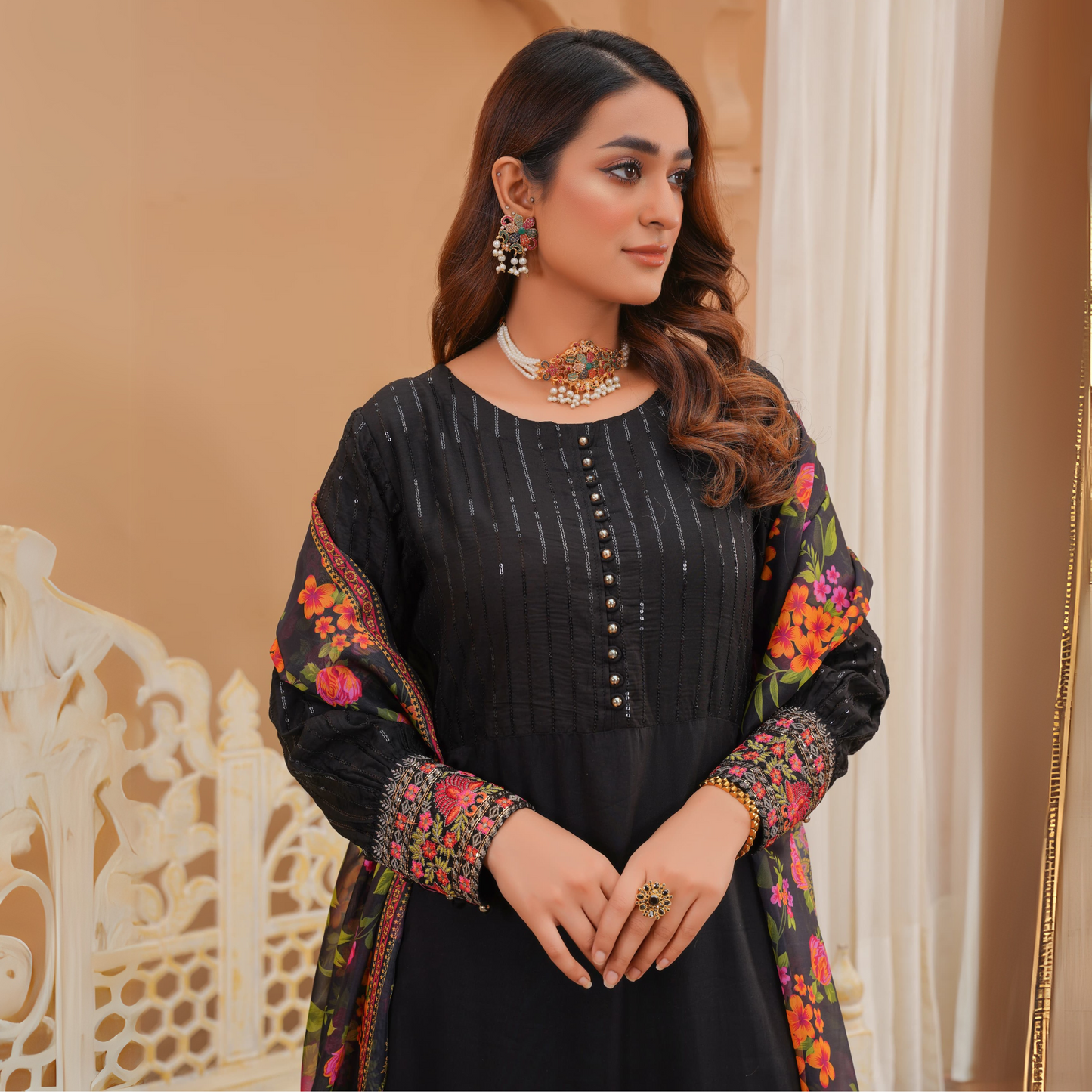 UA-27 (Black) Embroidered Viscose Dress & Chiffon Dupatta UMNAA