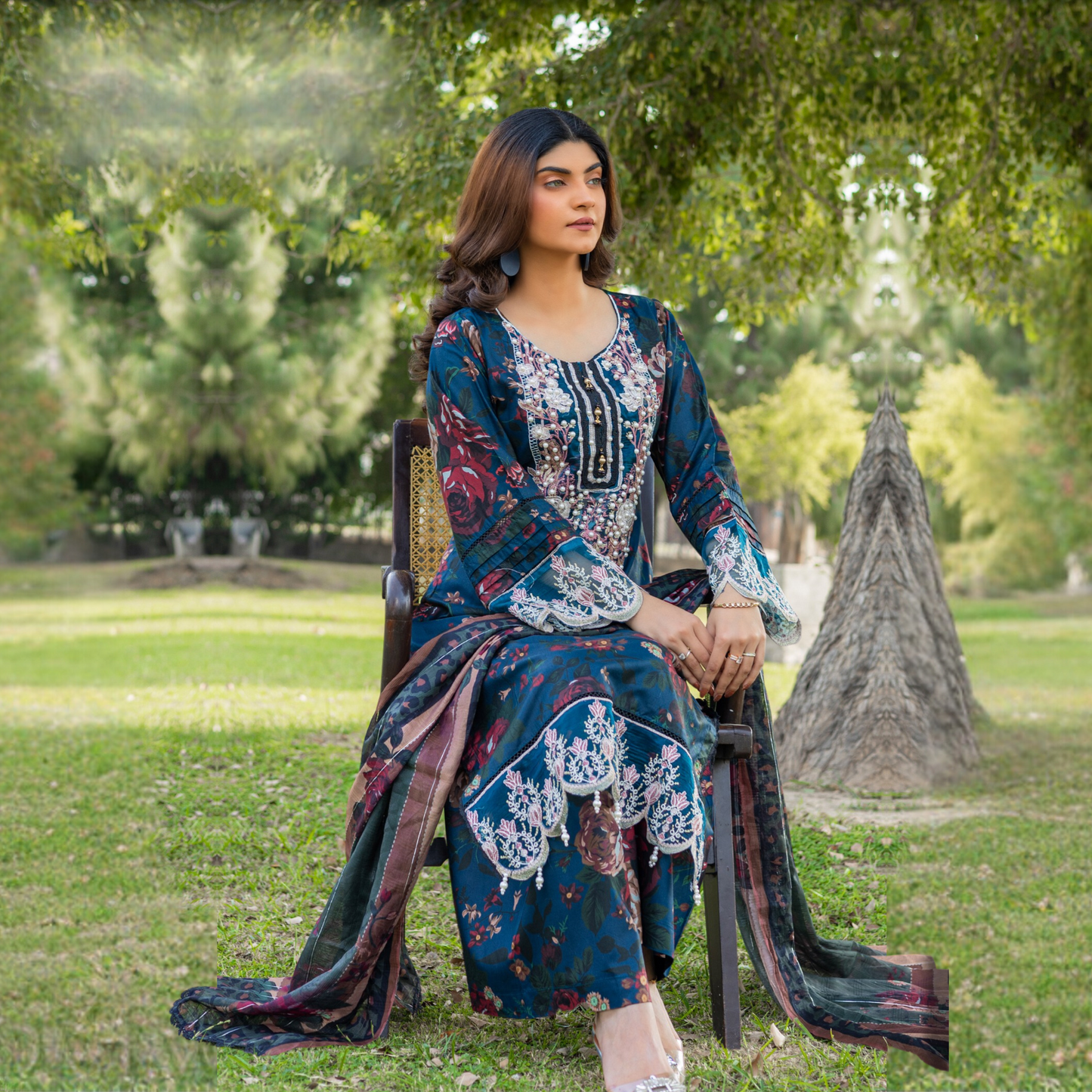 Winter Linen Printed Handwork Embroidered Dress 3 Pc |Ready to Wear| Rangz | UMRGZ3700