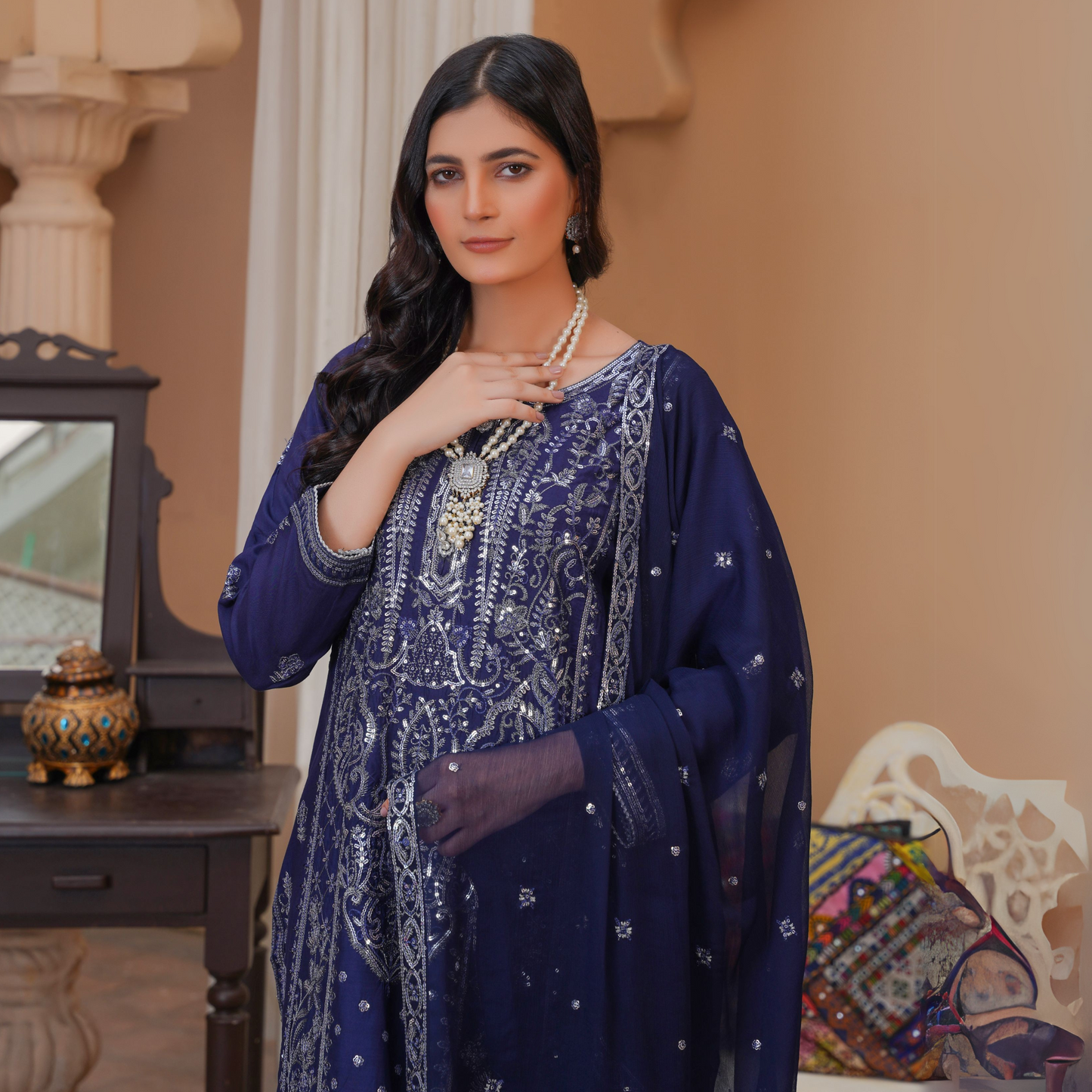 Luxury Embroidered Viscose Linen Dress 3 Pc | Winter Collection | Umnaa