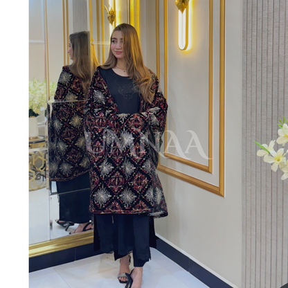 UA-32 Dhanak Dress  Embroidered Velvet Shawl  3 Pc | Ready to wear | UMNAA