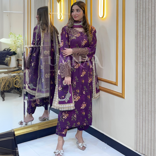 UA-33 Printed Embroidered Winter Linen 3 Pc Dress | Ready to wear | UMNAA