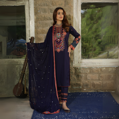 3 Pc Embroidered Linen Dress With Chiffon Dupatta | UMNAA