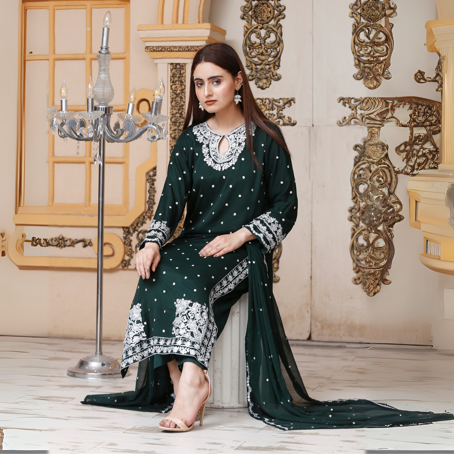 UA-54 3Pc Luxury Embroidered Chiffon Dress with Chiffon Dupatta 3 Pc |Ready to Wear| Umnaa