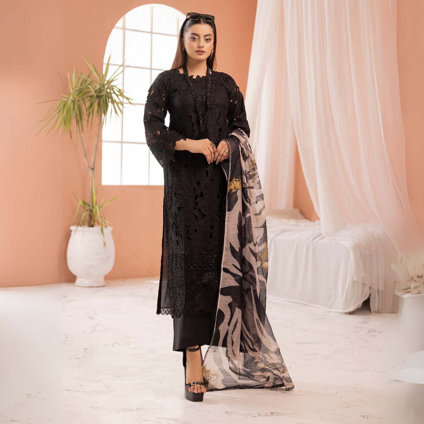 UMS-16 3 Pc Chikenkari Cambric Cotton Ready to Wear Dress | Simrans