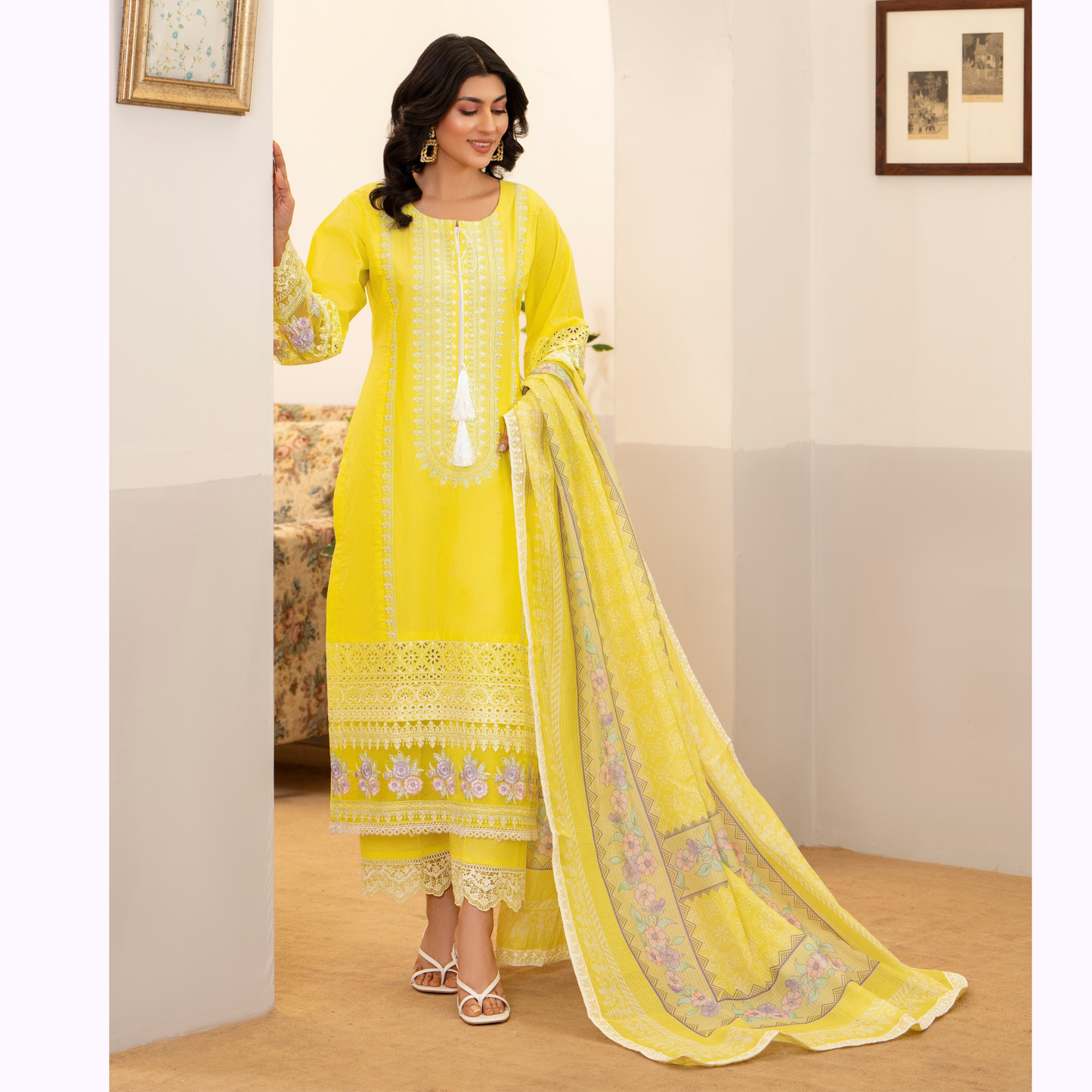 UKC-34 Embroidered Cambric Cotton Dress Ready to Wear 3 Pc - Karma Collection