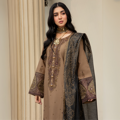 (Coffee Brown) 3 Pc Embroidered Cambric Cotton Ready to Wear Dress | Eid Wear | Heera's