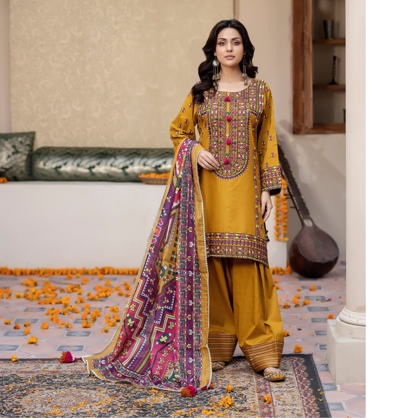KC-1433 Embroidered Cambric Cotton Farshi Shalwar Kameez Ready to Wear 3 Pc - Karma Collection