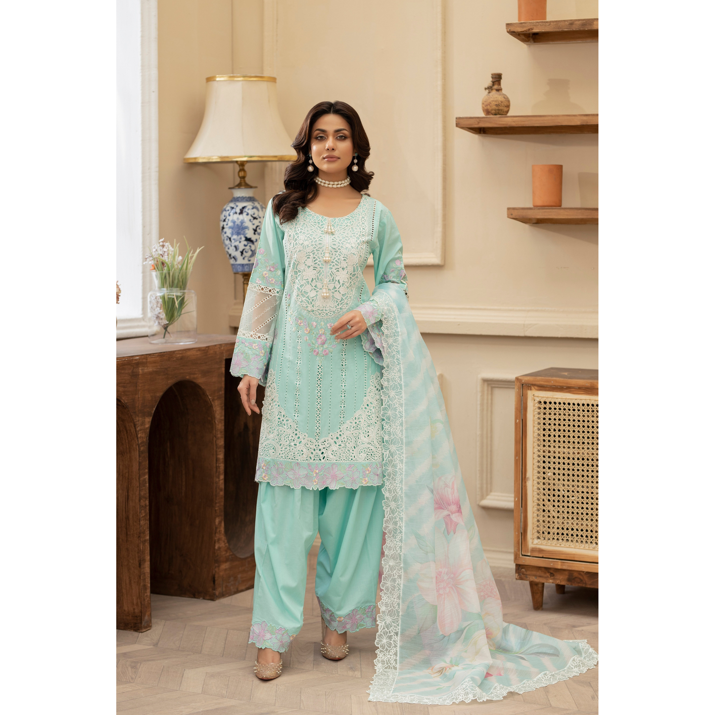KC-1435 Embroidered Cambric Cotton Farshi Shalwar Kameez Ready to Wear 3 Pc - Karma Collection