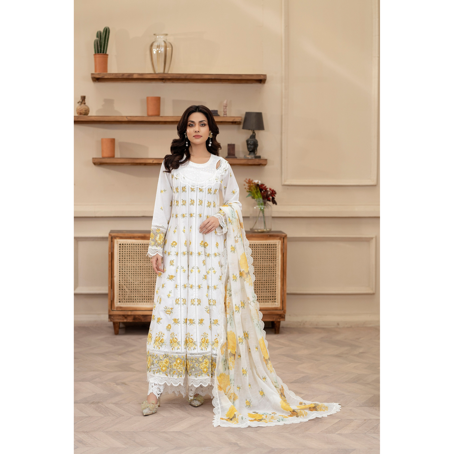 KC-1436 Embroidered Cambric Cotton long Frock Dress Ready to Wear 3 Pc - Karma Collection
