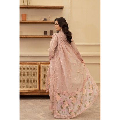 KC-1437 Embroidered Cambric Cotton long Frock Dress Ready to Wear 3 Pc - Karma Collection