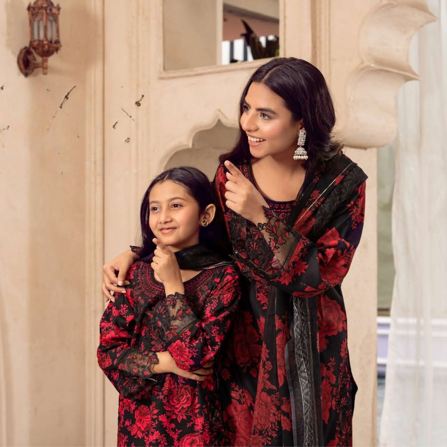 3 Pc Mother n Daughter Linen Embroidered Printed Dress | Festive Collection | Rangz