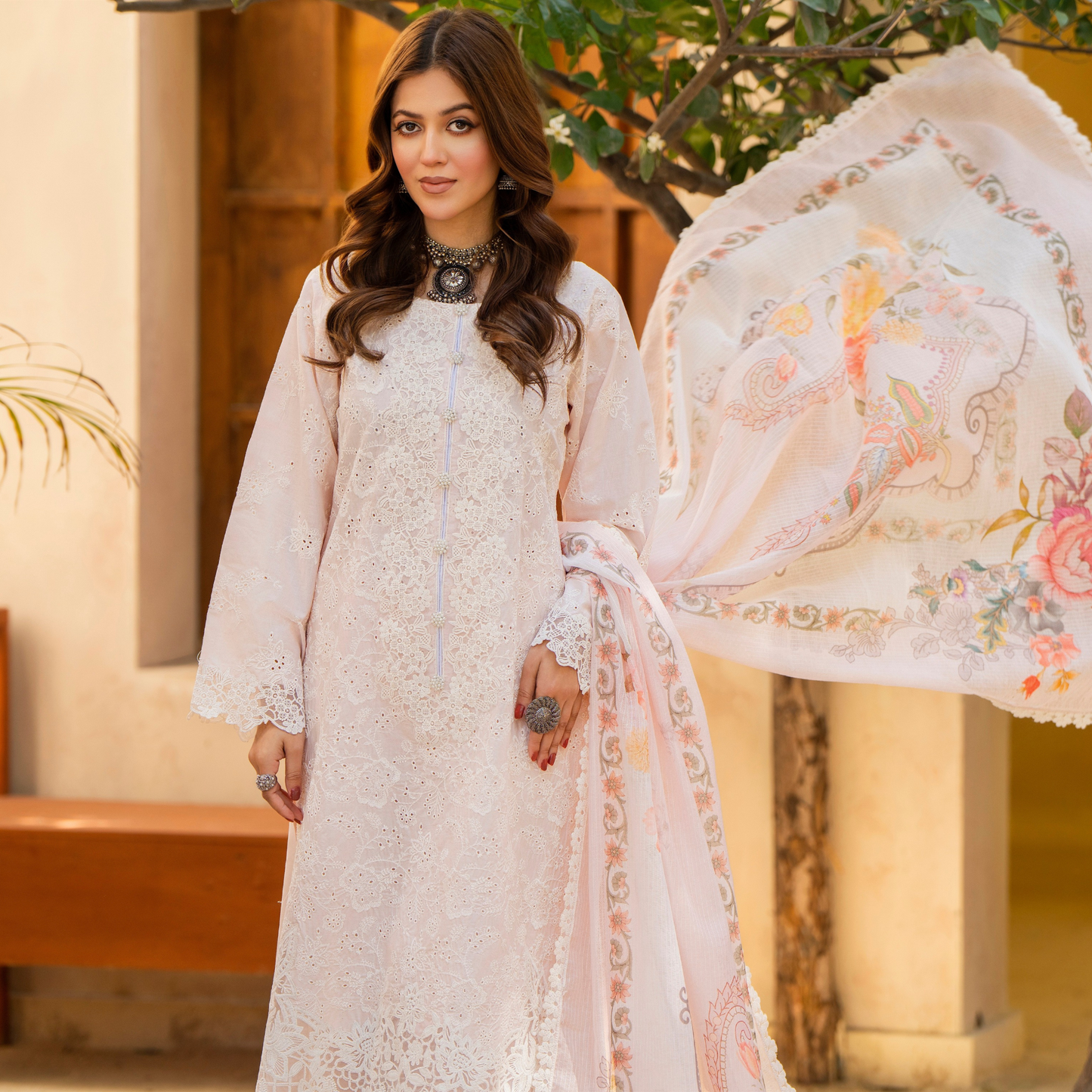 KC-1443 Embroidered Chikankari Cambric Cotton Dress Ready to Wear 3 Pc - Karma Collection