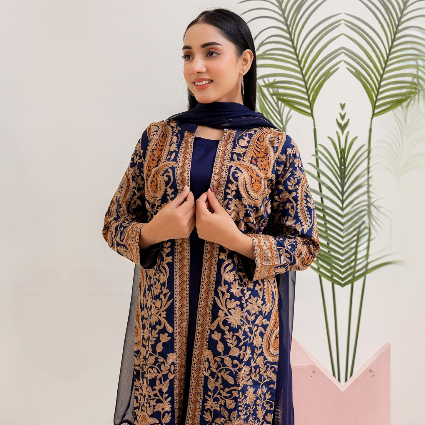 UMRZ-44 Embroidered Linen Coat Style Shirt with Pocket Trouser Dress and Chiffon Dupatta 3 Pc |Ready to Wear| Rangz