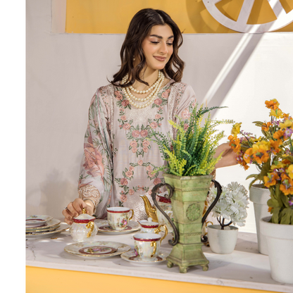 Floral Embroidered Viscose Linen 3 Pc Pakistani Dress | Ready to wear | Traditional Thread