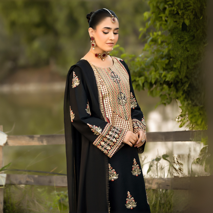 UHE-53 (black) 3 Pc Luxury Embroidered Cambric Cotton ready to wear Dress | Summer Wear | Heera's