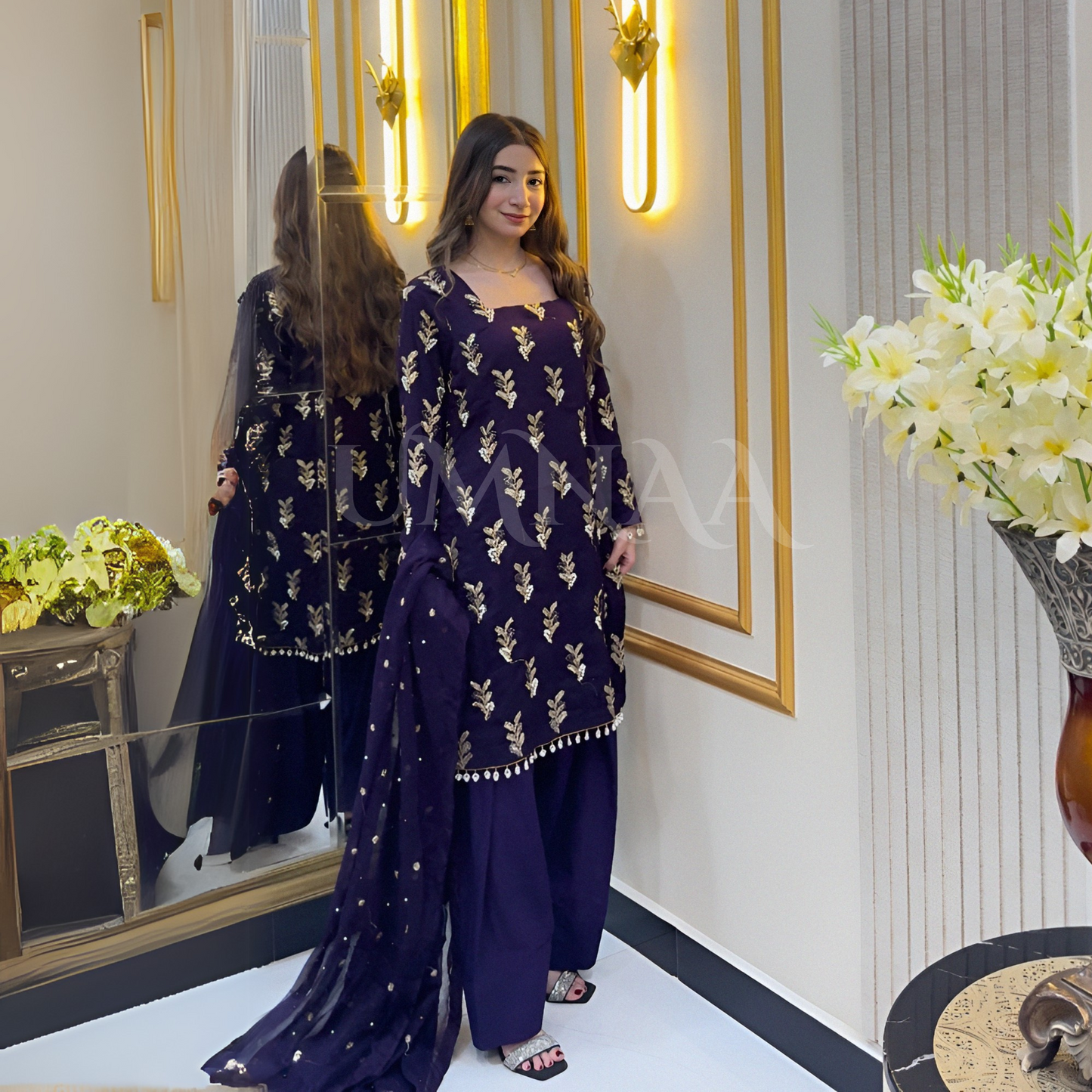 Embroidered Chiffon Luxury Trendy Farshi Shalwar with Potli Festive Collection- Umnaa