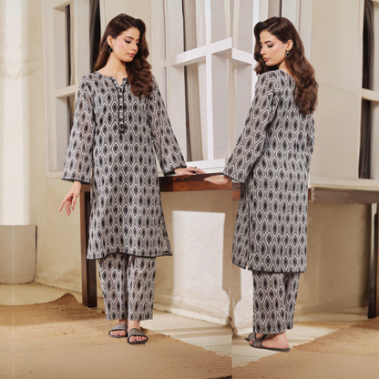 2 Pc Printed Lawn Monochrome Co-Ords Dress - Saphron