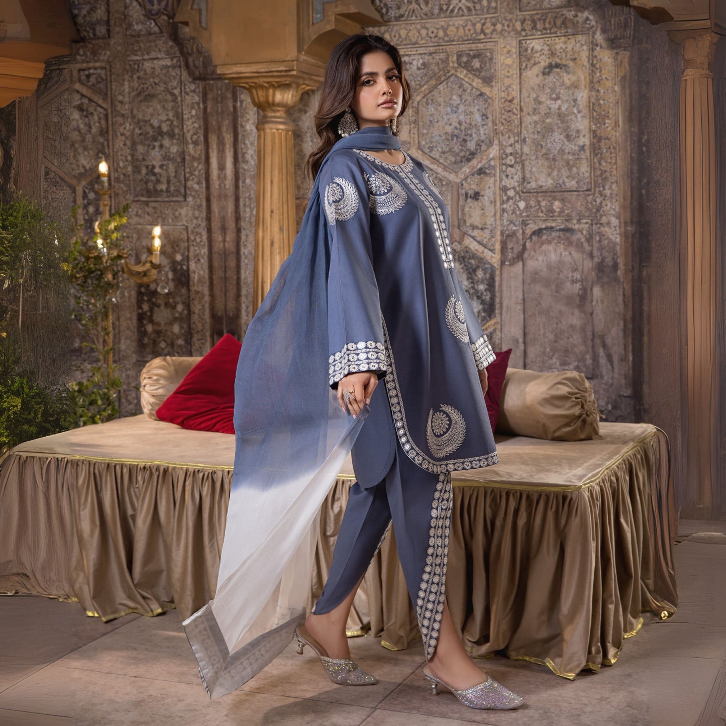 (Greyish Blue) 3 Pc Embroidered Cambric Cotton Ready to Wear Dress | Eid Wear | Heera's