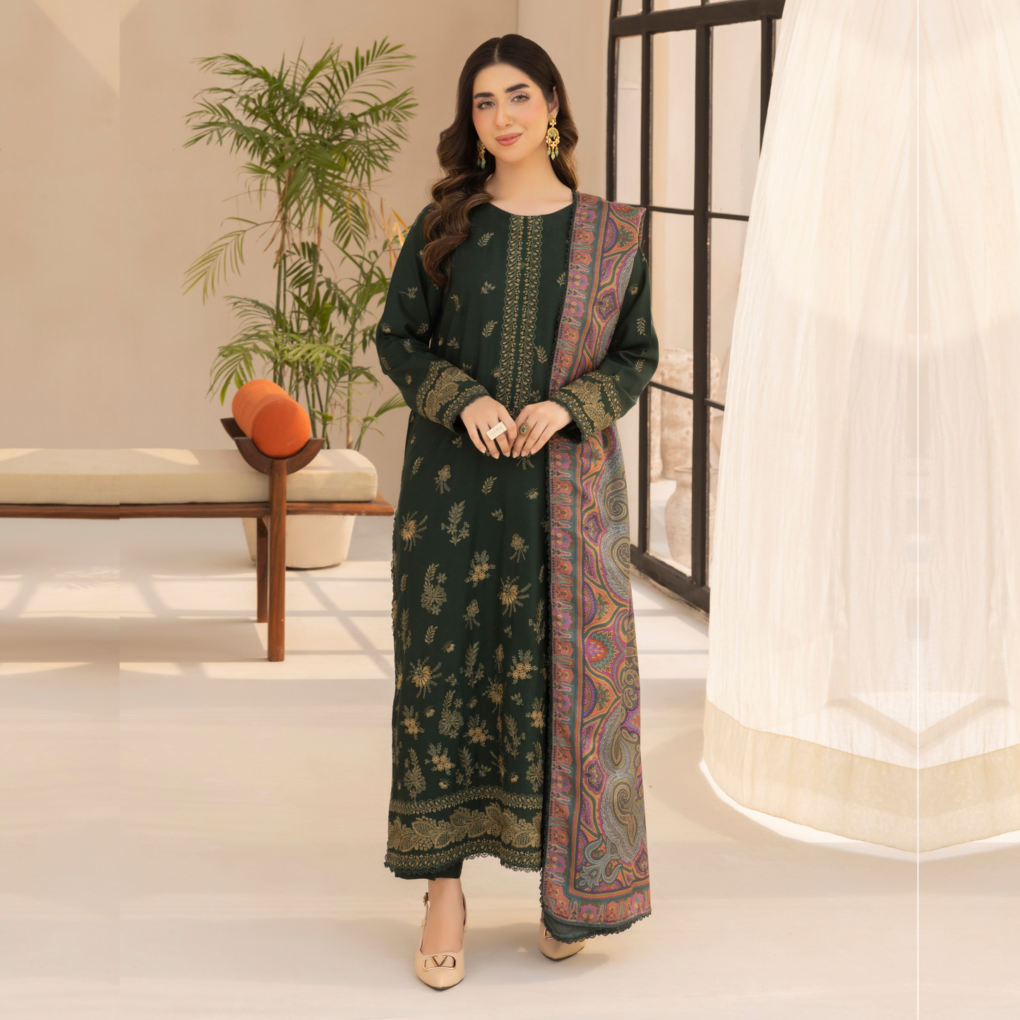 UMS-36 Anya by Simrans Embroidered Dhanak Dress with Winter Shawl | Ready to Wear | Asian Clothes