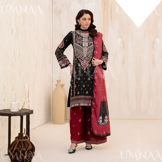 UA-145 Embroidered Dhanak dress with Pashmina Shawl | Umnaa