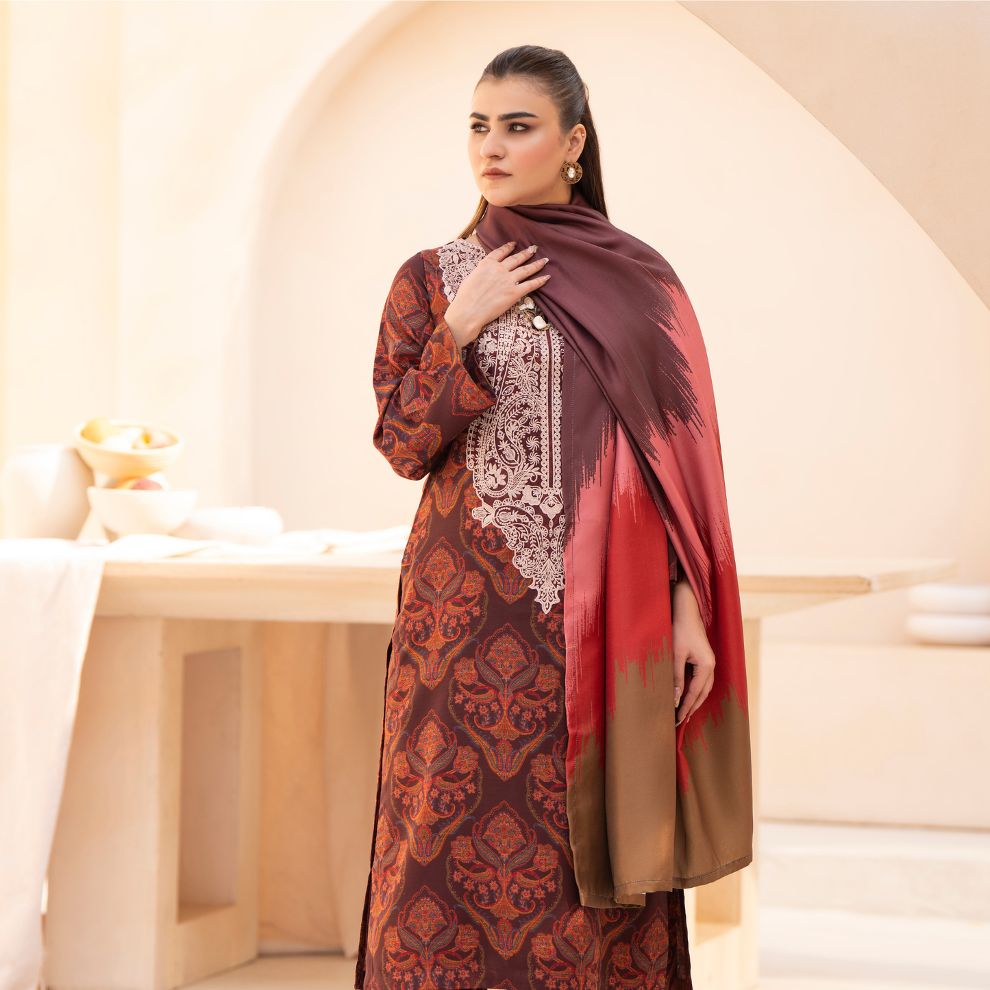 RA-24 Embroidered Printed Dhanak dress with Wool Shawl  by Raniya.h