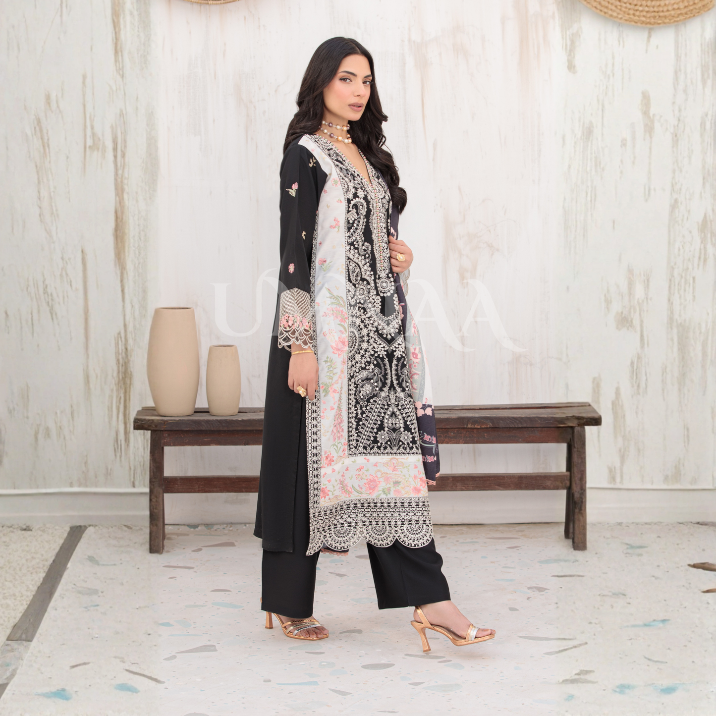 UA-147 Embroidered Viscose Dress with Silk Dupatta | Umnaa