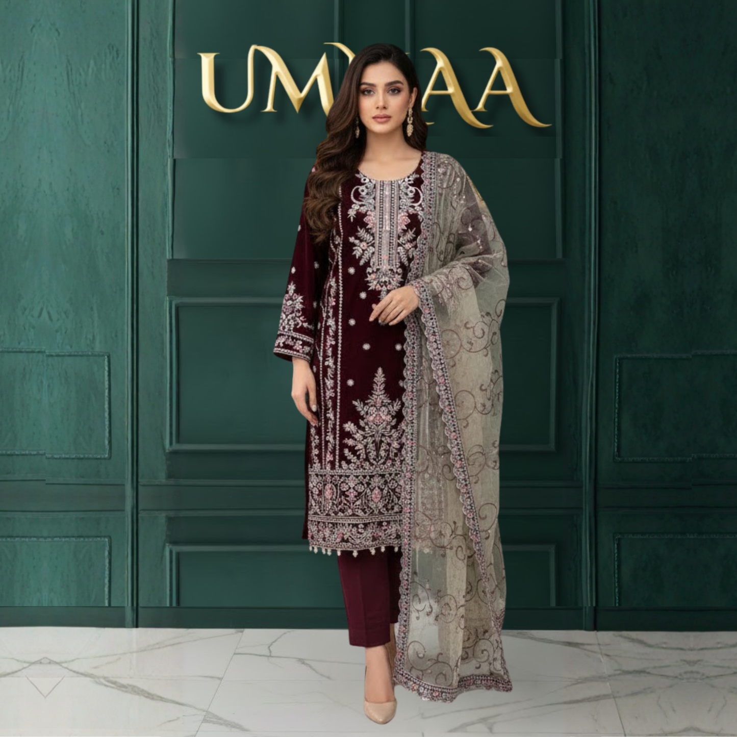 UA-150 Embroidered Luxury Velvet Collection by Umnaa | Asian clothes