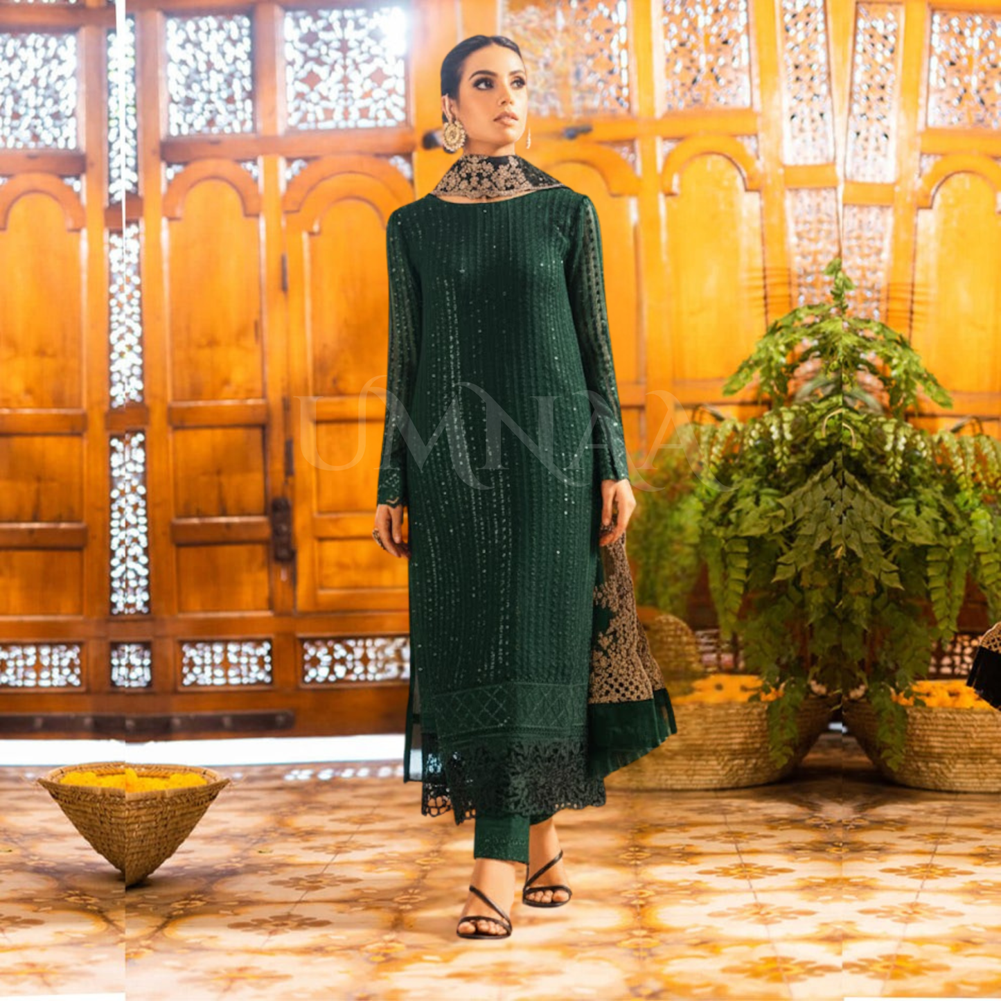 UA-101 Azure Inspired Embroidered Chiffon 3 Pc Dress | UMNAA