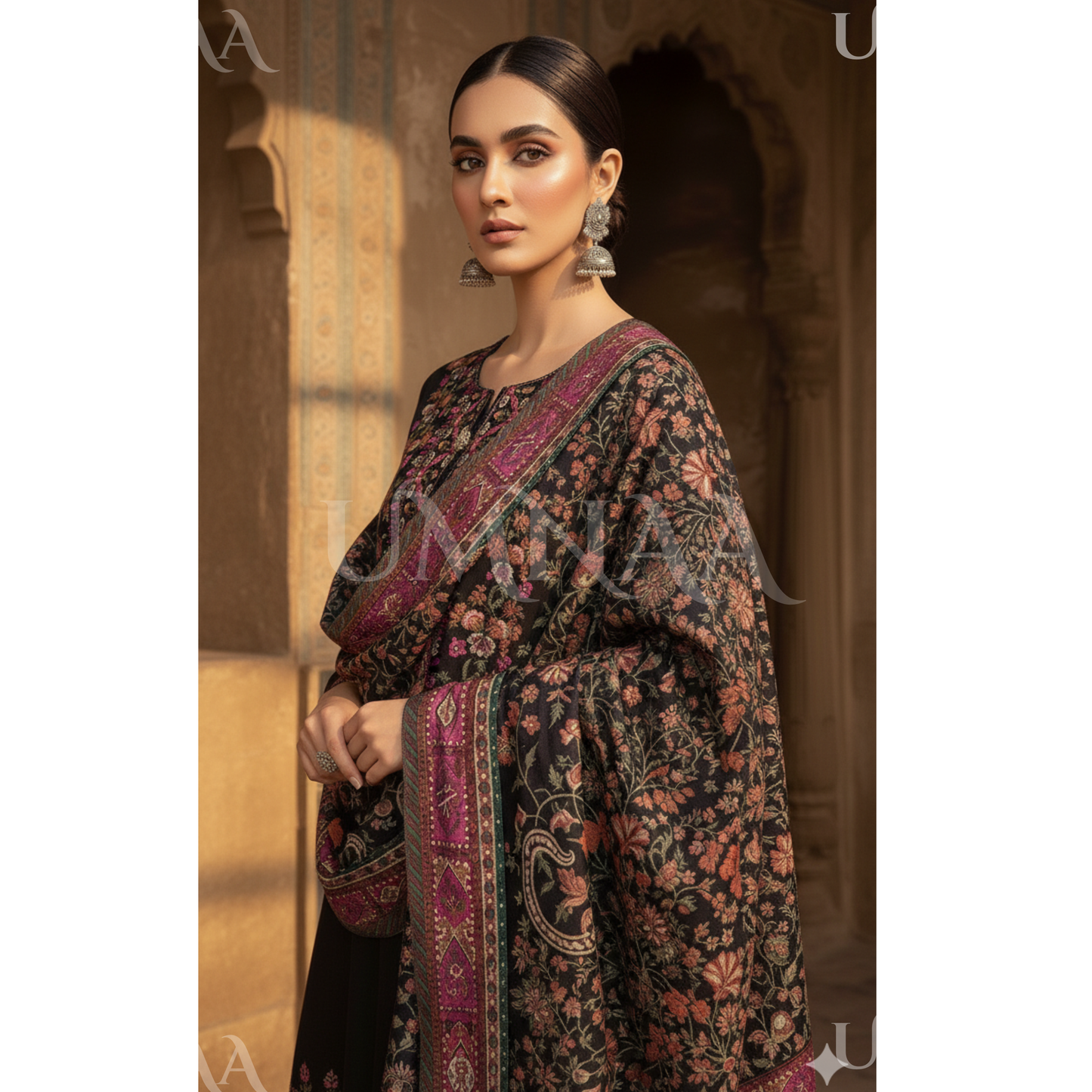 UA-161 Embroidered Dhanak dress with Pashmina Shawl by Umnaa