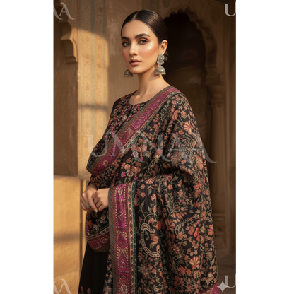 UA-161 Embroidered Dhanak dress with Pashmina Shawl by Umnaa