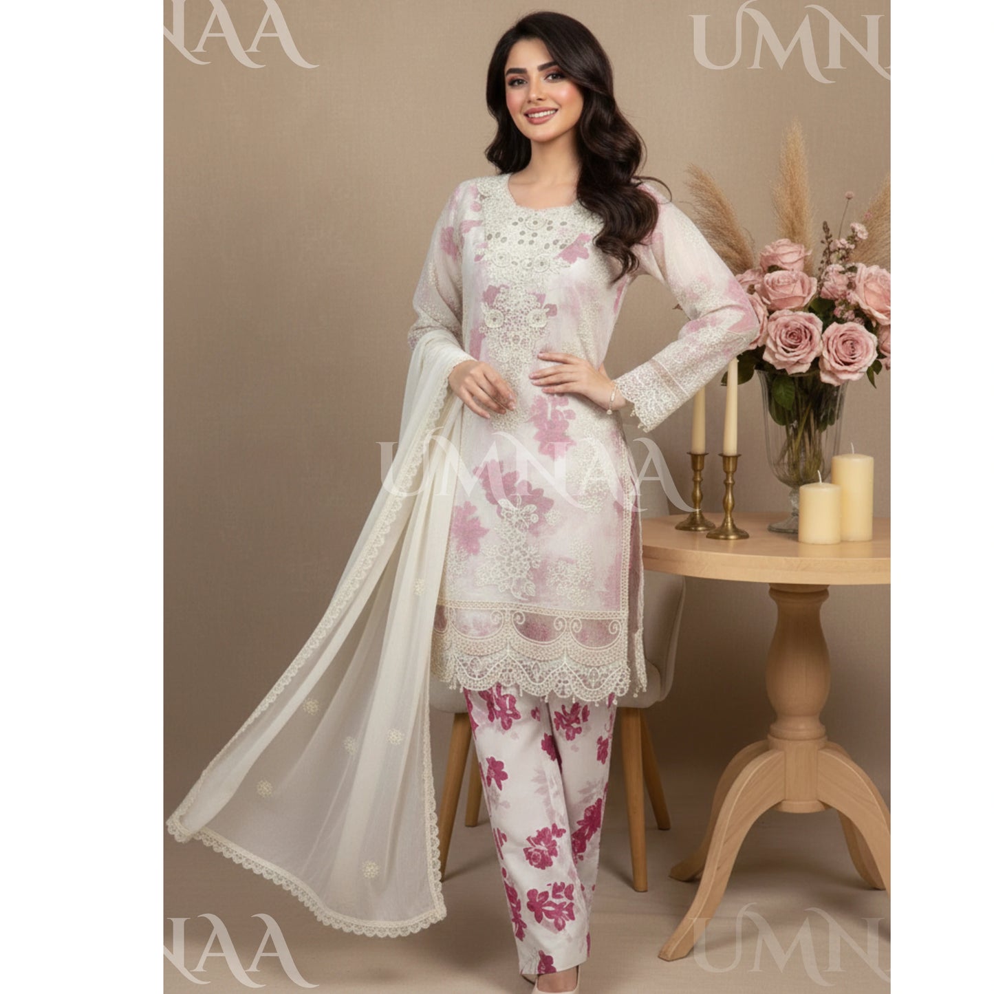 UA-165 Embroidered Chiffon 3-Piece with Printed Lining & Trouser