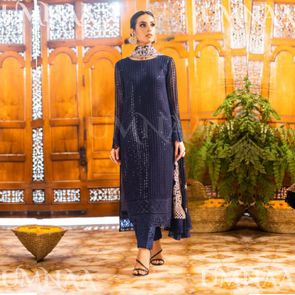 UA-101 Azure Inspired Embroidered Chiffon 3 Pc Dress | UMNAA