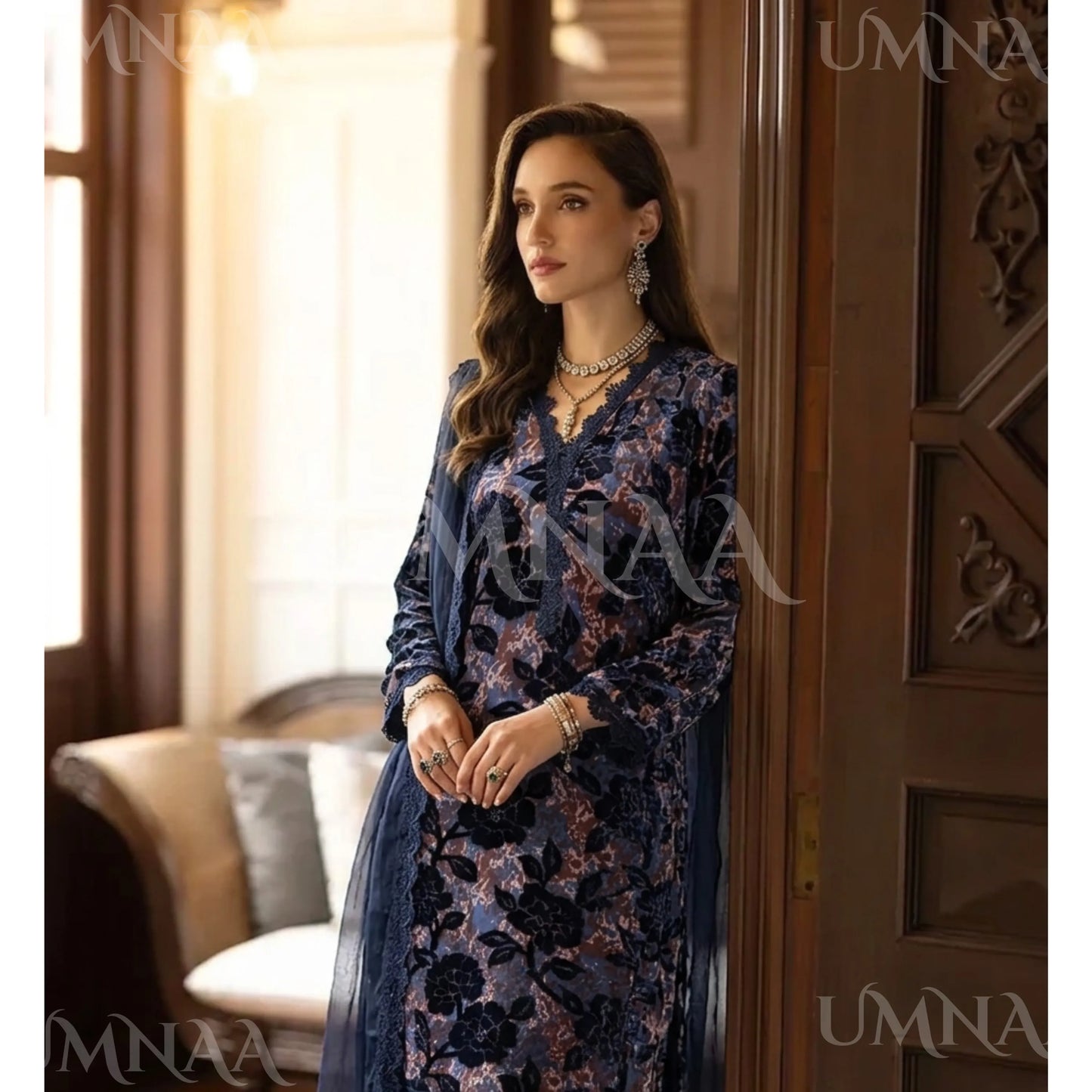 UA-175 Festive Palachi Velvet Dress with Chiffon Dupatta 3 Pc Collection by Umnaa