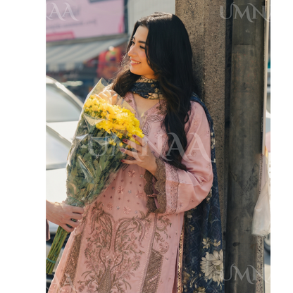 UB-01 3 Pc Embroidered Linen Dress With Cotton Silk Printed Dupatta  By UB