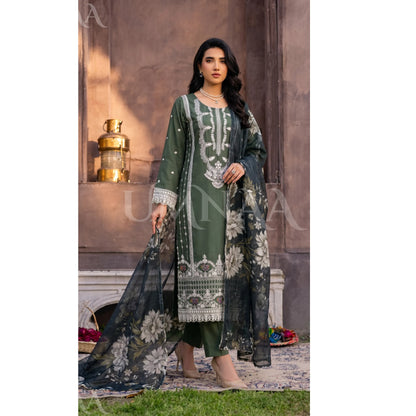 UB-03 3 Pc Embroidered Linen Dress With Cotton Silk Printed Dupatta  By UB