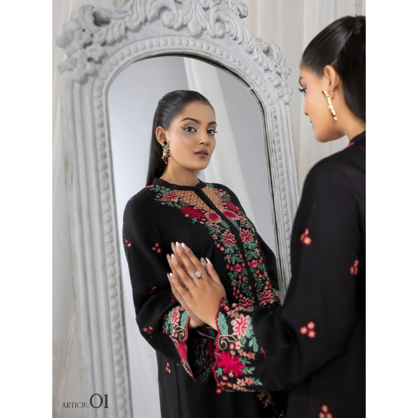 UTT-22 Embroidered Viscose Linen Kaftan Style 2 Piece Co Ord Set Collection by Traditional Thread