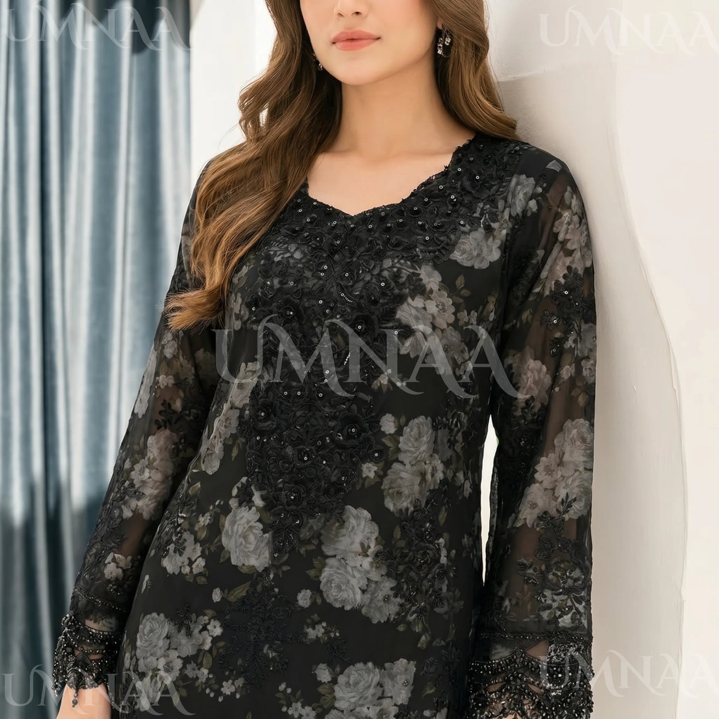 UA-184 Embroidered Chiffon 3-Piece with Printed Lining & Trouser