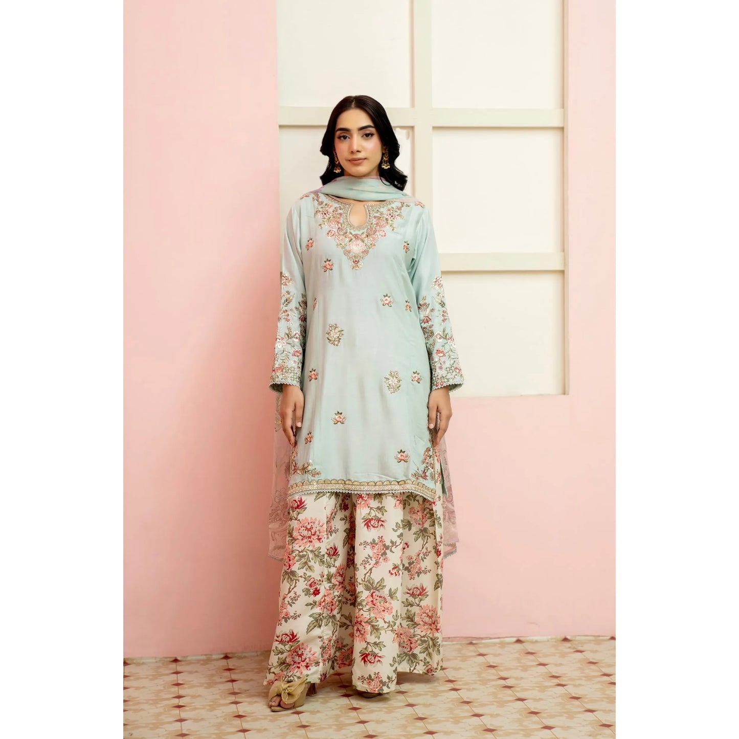 UMRZ-60 Maharani Festive Embroidered Linen with printed Sharara collection by Rangz | Ready to Wear Pakistani Asian clothes