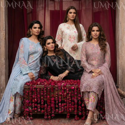 UA-205 Embroidered Chiffon 3-Piece with Printed Lining & Trouser