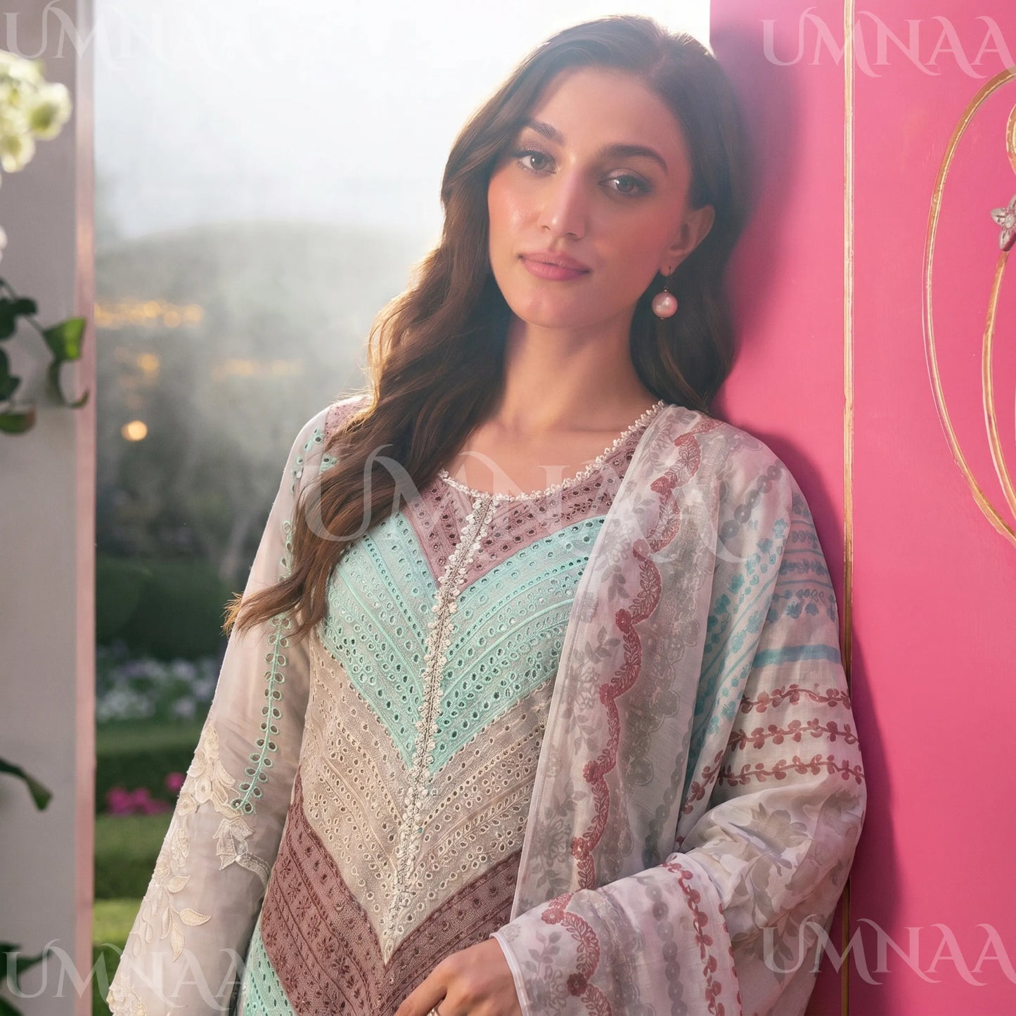 UA-208 Embroidered Chikenkari Cambric Cotton Pastel Festive Collection by Umnaa - Ready to Wear Pakistani Asian clothes