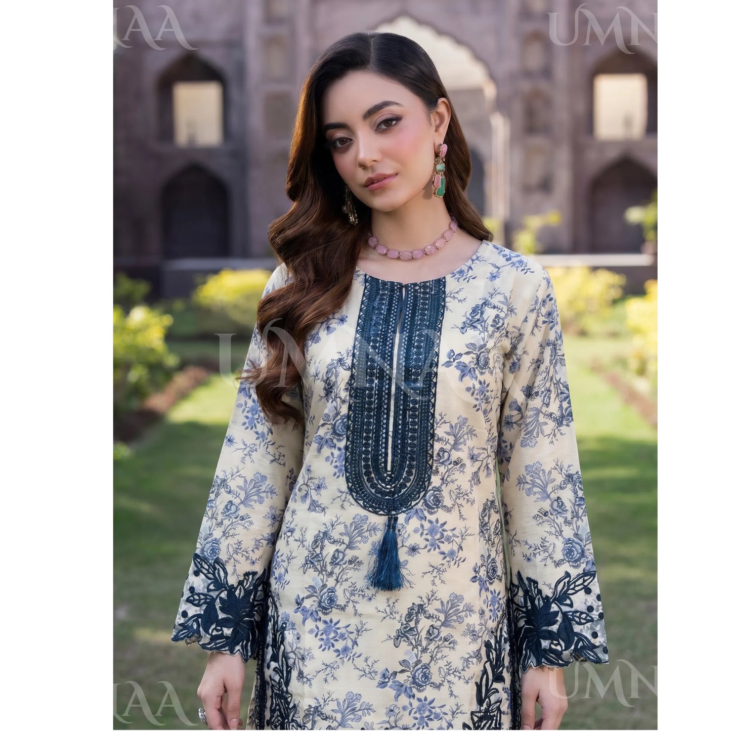 UA-212 Embroidered Printed Slub Poly Lawn Farshi Shalwar Collection by Umnaa | Ready to Wear Pakistani Asian Clothing