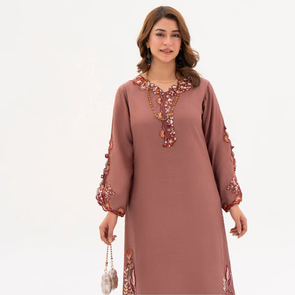 RA-32 MIDNIGHT BLOSSOM Embroidered Raw Silk Long Kaftan Style 2 Piece | Elegant Women's Festive & Formal Wear