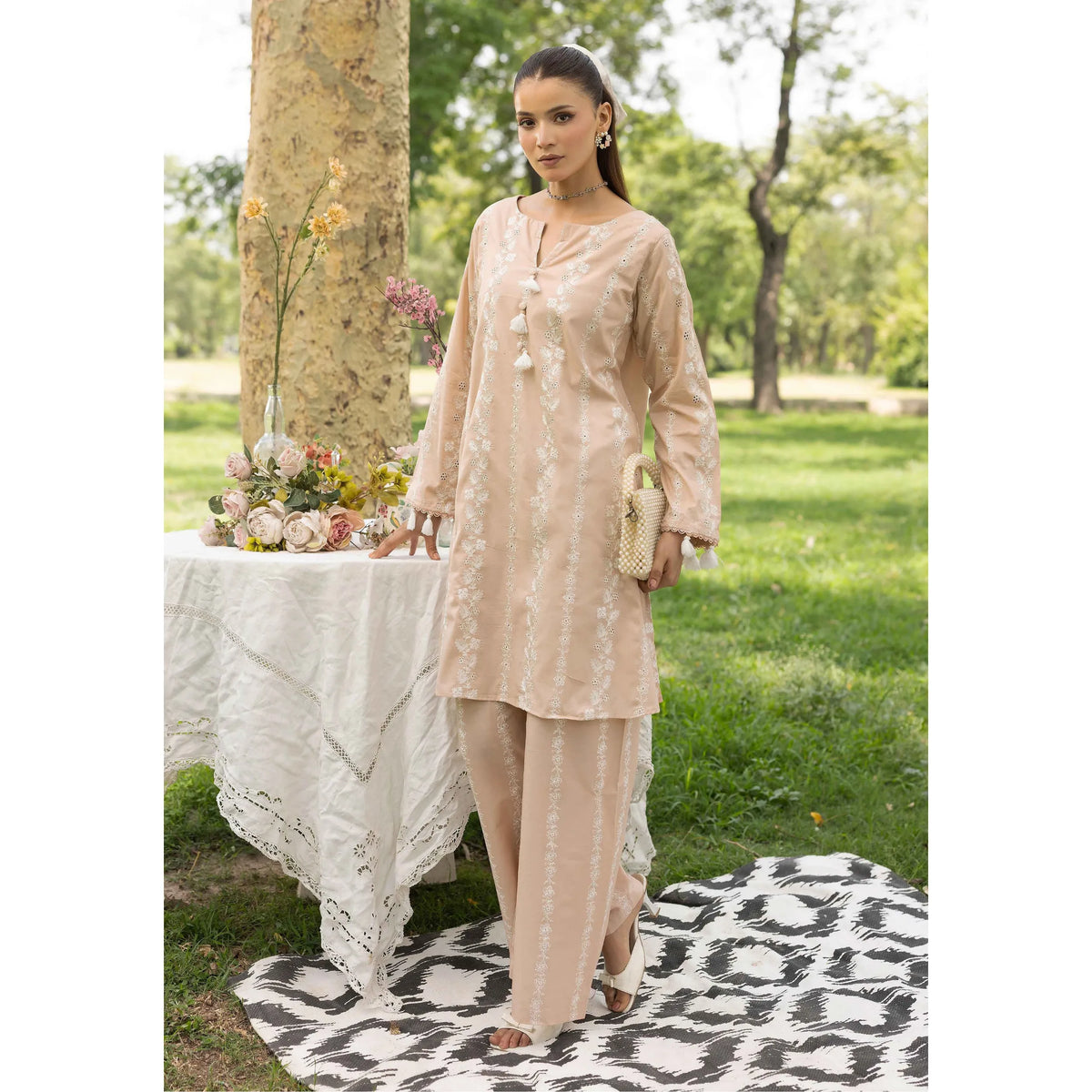 UMS-66 "Image Kari" Embroidered Lawn Co-Ords Set by Simrans | Ready to Wear Pakistani Asian clothes - Beige Cream