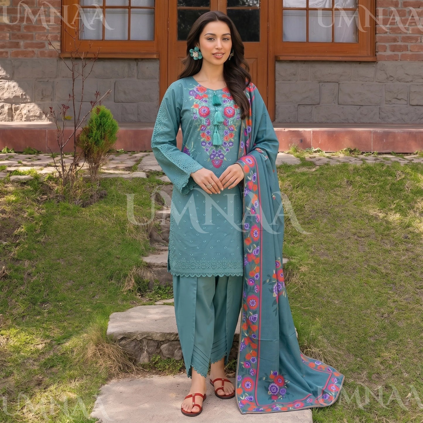 UA-223 Embroidered Cambric Cotton 3 Piece Suit | Tulip Shalwar & Printed Dupatta | Soft Summer Collection by Umnaa