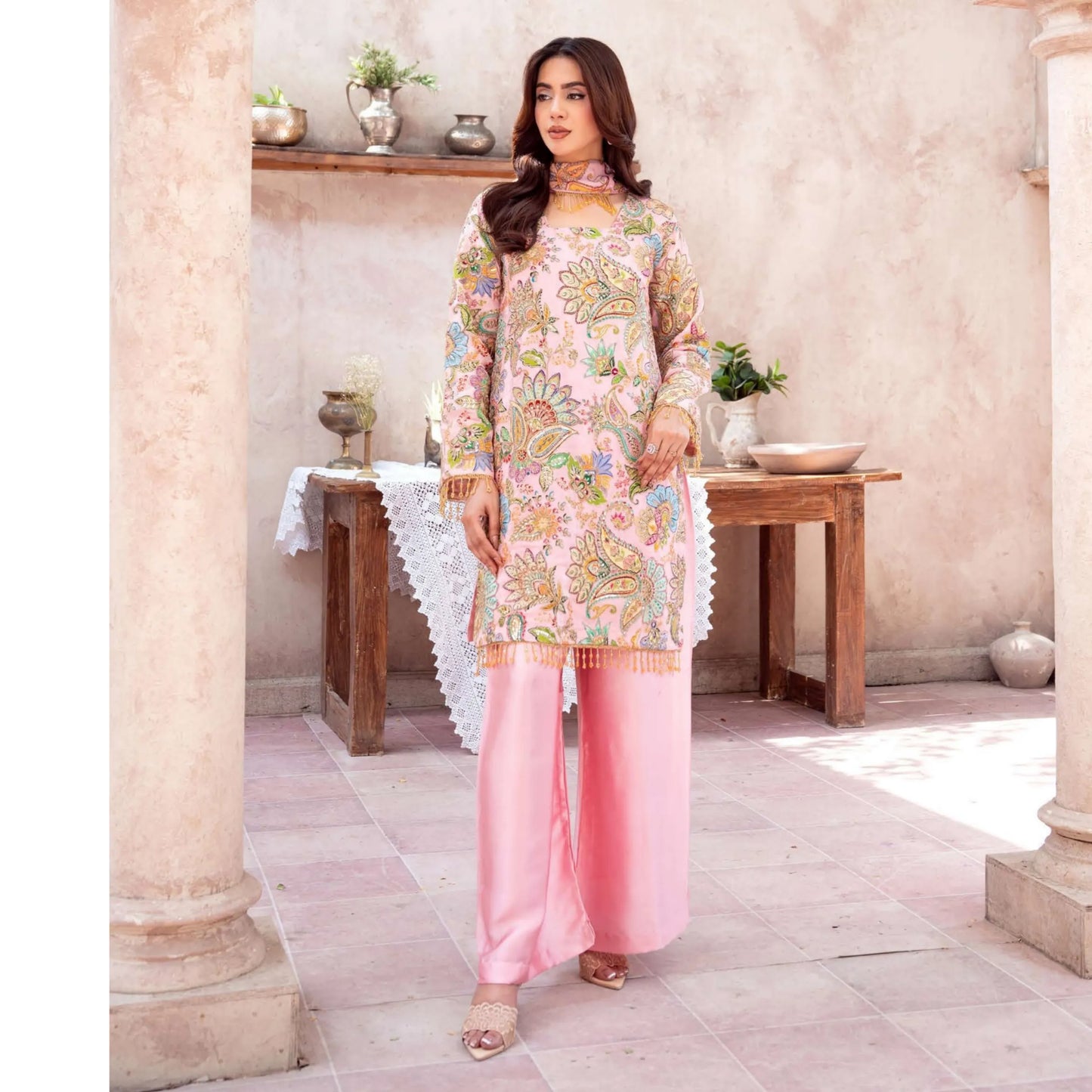 UA-225 Trendy Indian Armani Silk 3 Piece Suit by Umnaa | Embroidered Kameez with Shamoos Silk Shararah & Apple Silk Dupatta | Festive & Party Wear