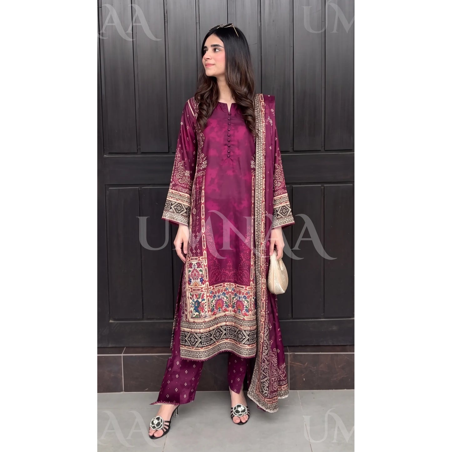 UA-228 Printed Lawn Long Kaftan Style 3  Piece Casual Summer Collection by Umnaa