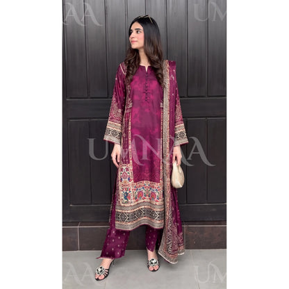 UA-228 Printed Lawn Long Kaftan Style 3  Piece Casual Summer Collection by Umnaa