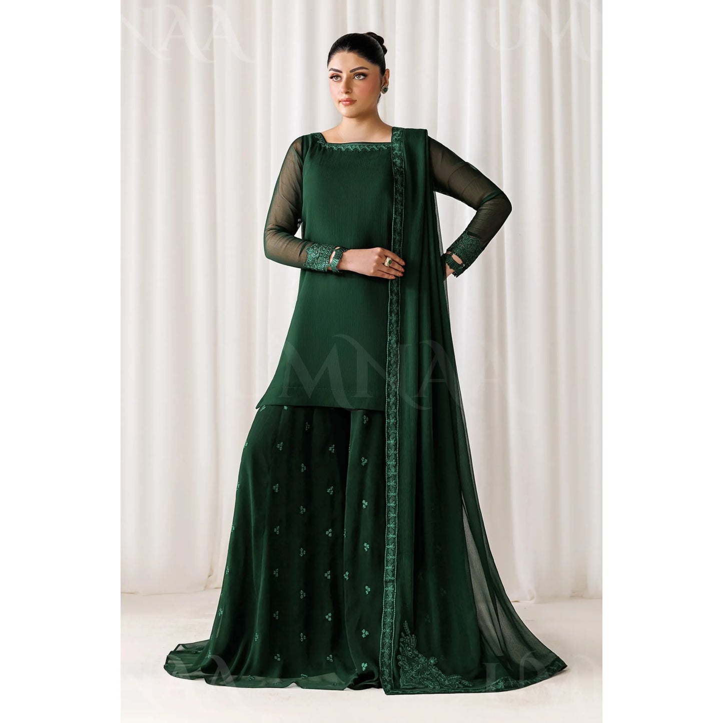 UA-230 Chiffon Sharara Full Sleeves Lined 3 Piece Suit | Chiffon Shirt with Embroidered Sharara & Dupatta | Formal Party Wear